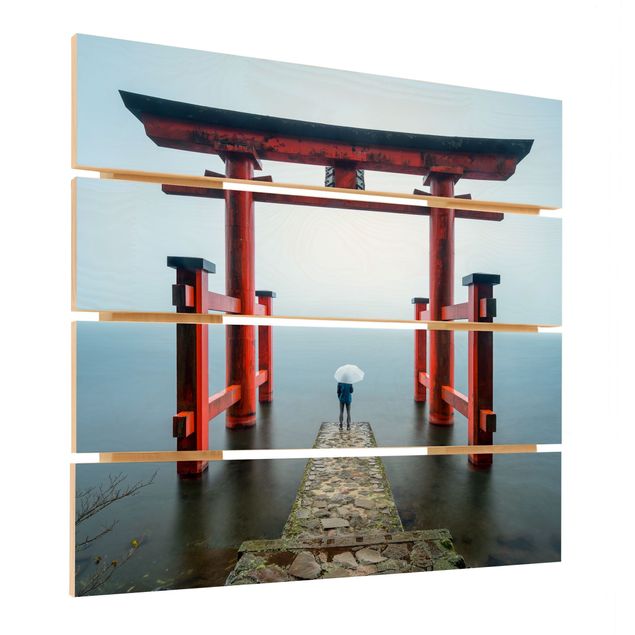 Obraz z drewna - Czerwone torii nad jeziorem Ashi