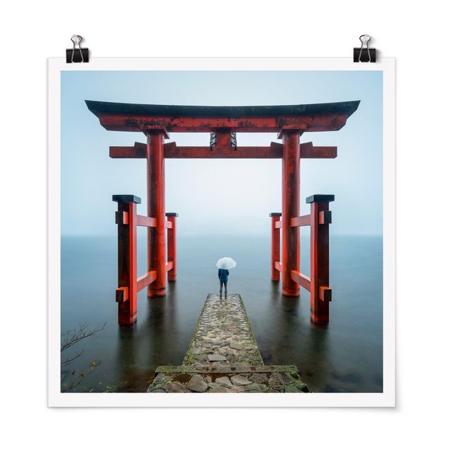 Obrazy nowoczesne Czerwone torii nad jeziorem Ashi