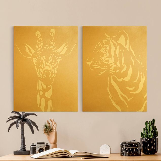 Obrazy żyrafa Zwierzęta safari - żyrafa i tygrys Beżowy