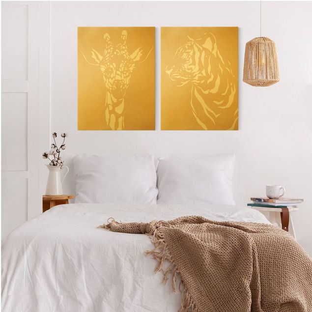 Obrazy nowoczesny Zwierzęta safari - żyrafa i tygrys Beżowy