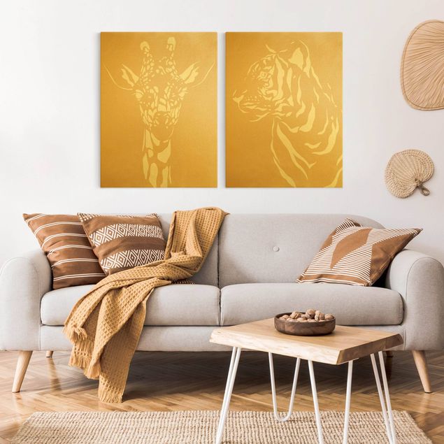Obrazy ze zwierzętami Zwierzęta safari - żyrafa i tygrys Beżowy