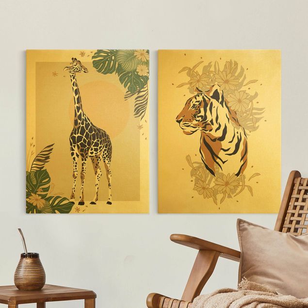Obraz na płótnie - Zwierzęta safari - Żyrafa i tygrys