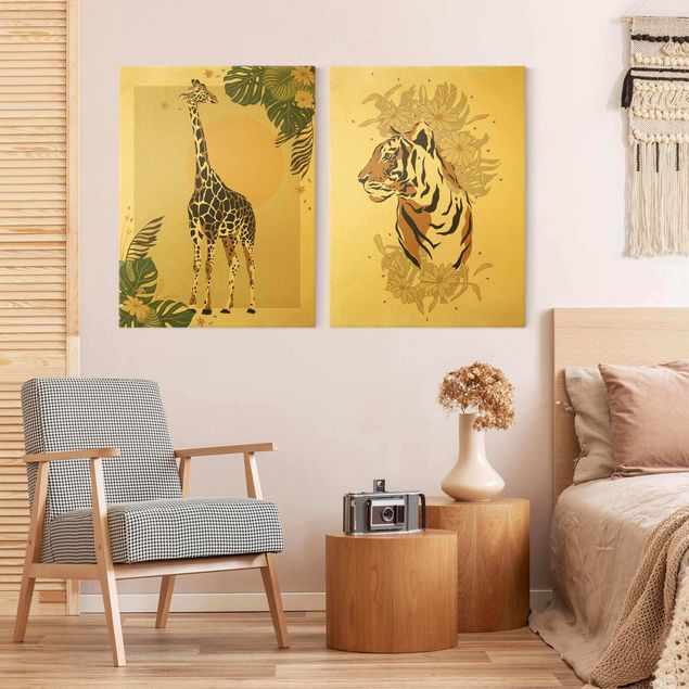 Obrazy ze zwierzętami Zwierzęta safari - Żyrafa i tygrys