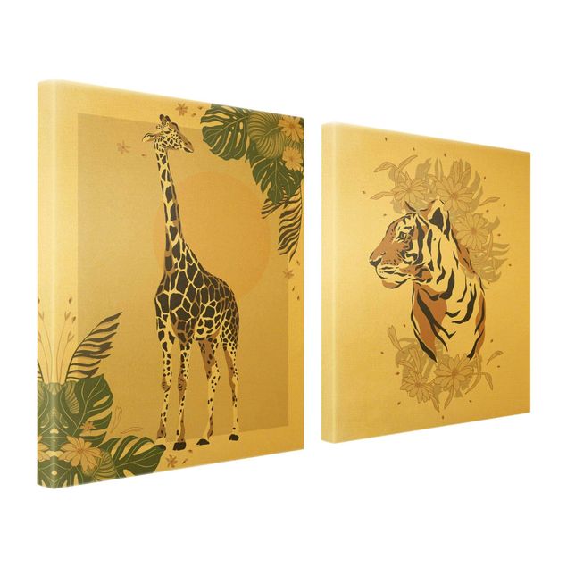 Obrazy motywy kwiatowe Zwierzęta safari - Żyrafa i tygrys