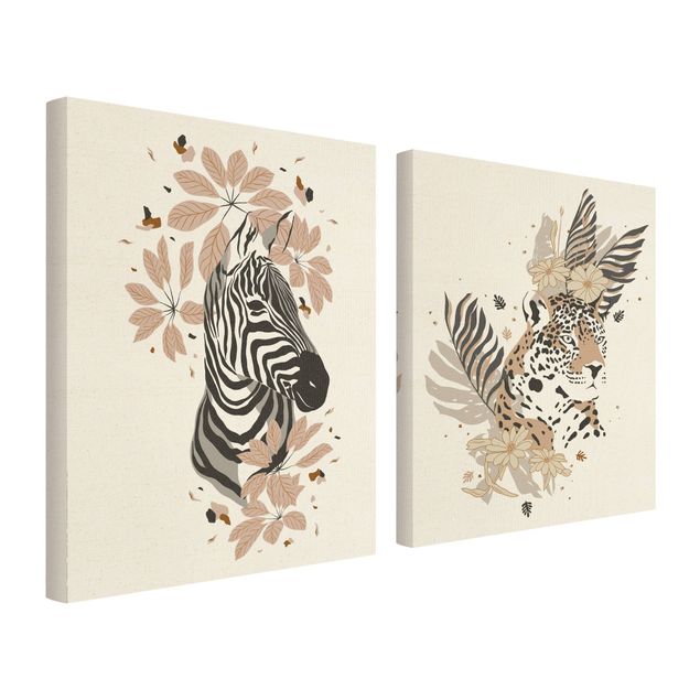 Obrazy z motywem kwiatowym Zwierzęta safari - Zebra i lampart