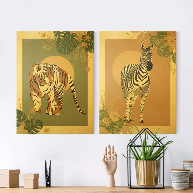 Nowoczesne obrazy do salonu Zwierzęta safari - Zebra i tygrys na tle słońca