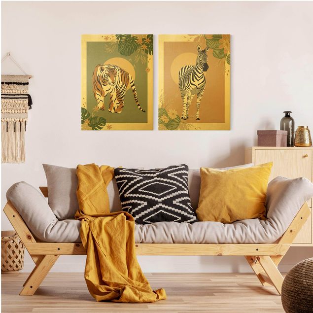 Obrazy nowoczesny Zwierzęta safari - Zebra i tygrys na tle słońca