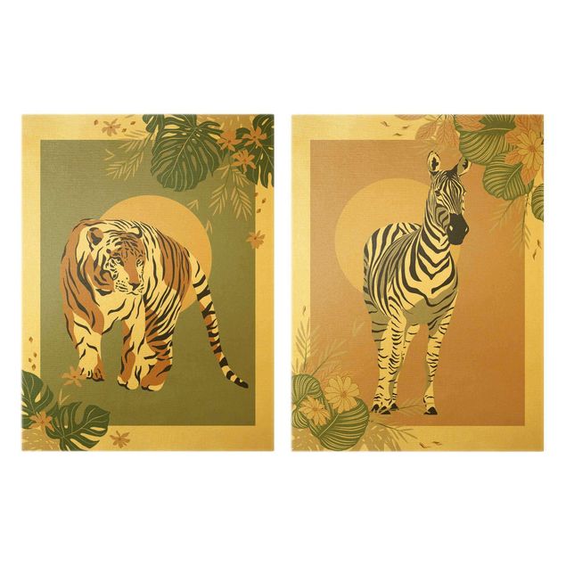 Obrazy tygrys Zwierzęta safari - Zebra i tygrys na tle słońca