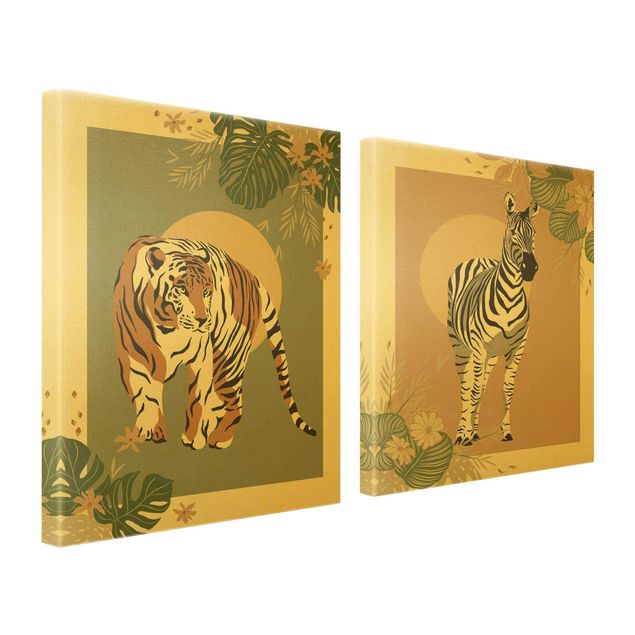 Obrazy zebra Zwierzęta safari - Zebra i tygrys na tle słońca