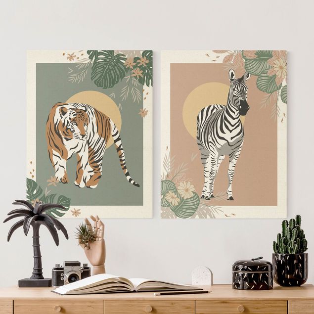 Obrazy ze zwierzętami Zwierzęta safari - Zebra i tygrys na tle słońca