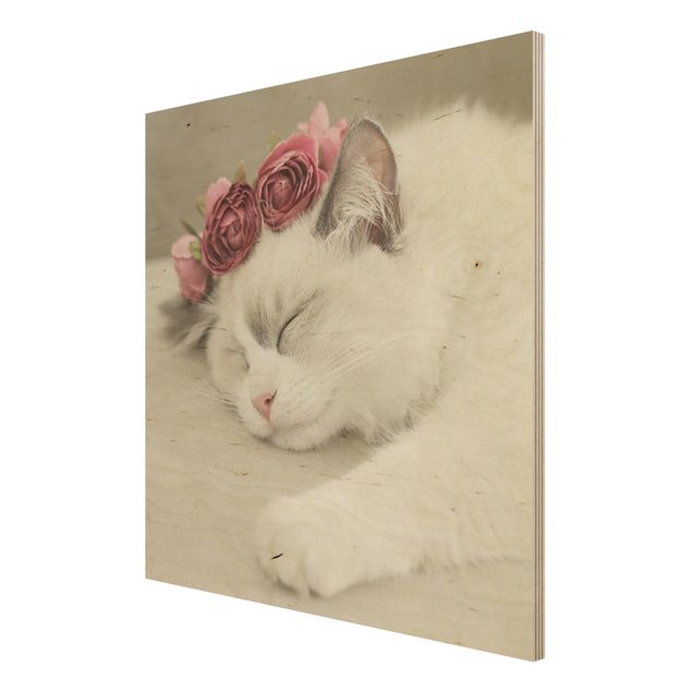 Obrazy z drewna Śpiący kot z różami