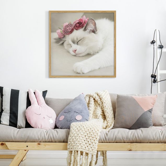 Obrazy w ramie dla dzieci Śpiący kot z różami