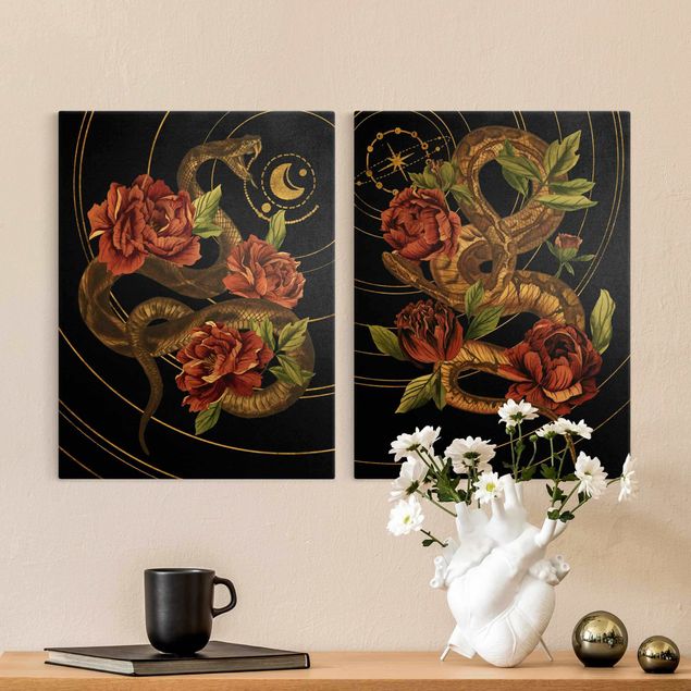 Obrazy na płótnie róże Wąż z różami Czarno-złoty duet
