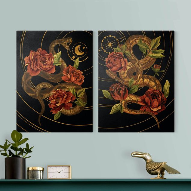 Zwierzęta obrazy Wąż z różami Czarno-złoty duet