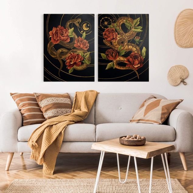 Obrazy do salonu nowoczesne Wąż z różami Czarno-złoty duet