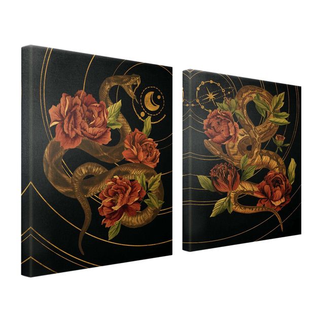 Obrazy z motywem kwiatowym Wąż z różami Czarno-złoty duet