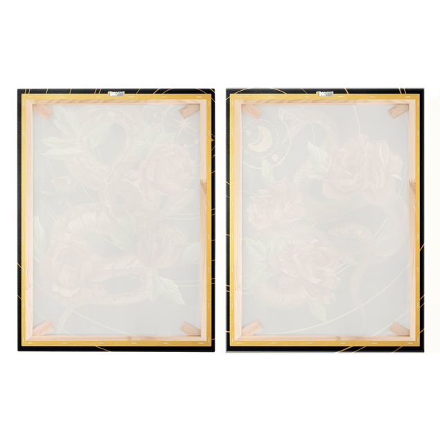 Obrazy drukowane na płótnie Wąż z różami Czarno-złoty duet