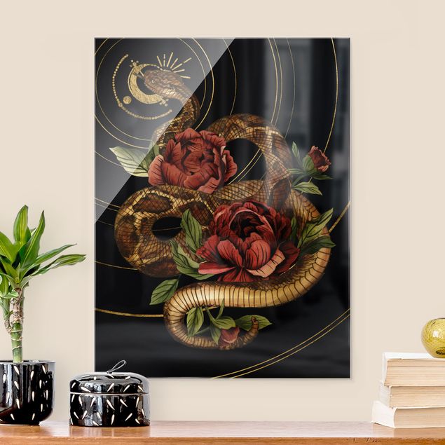 Obraz na szkle - Wąż z różami czarno-złoty I