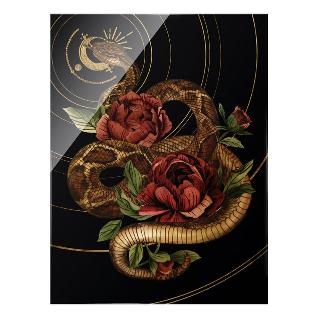 Obraz na szkle - Wąż z różami czarno-złoty I