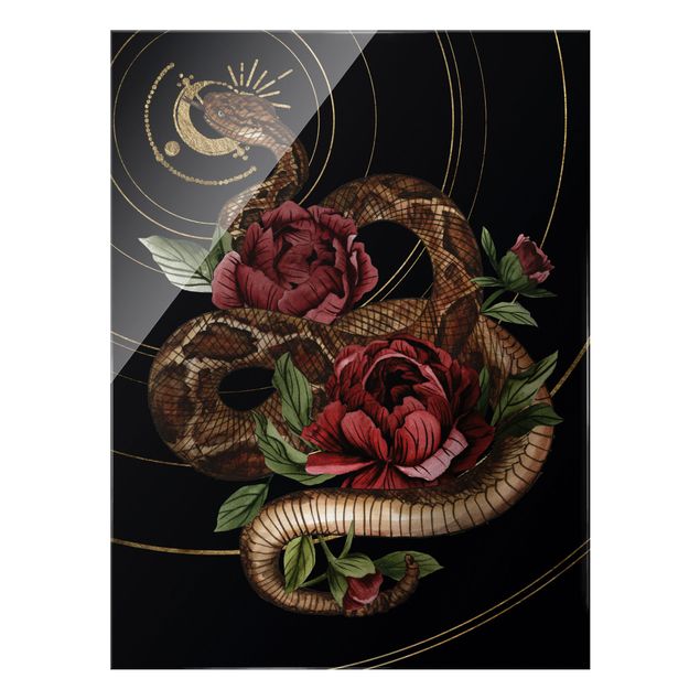 Nowoczesne obrazy Wąż z różami czarno-złoty I