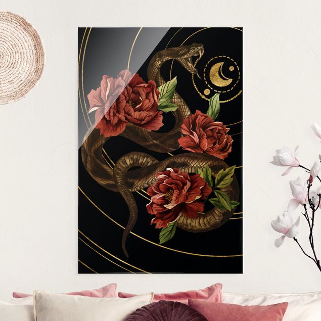 Obrazy na szkle róże Wąż z różami czarno-złoty II
