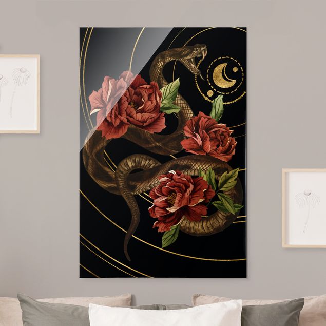 Obrazy na szkle portret Wąż z różami czarno-złoty II
