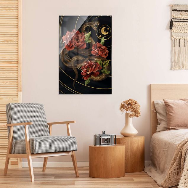 Nowoczesne obrazy do salonu Wąż z różami czarno-złoty II