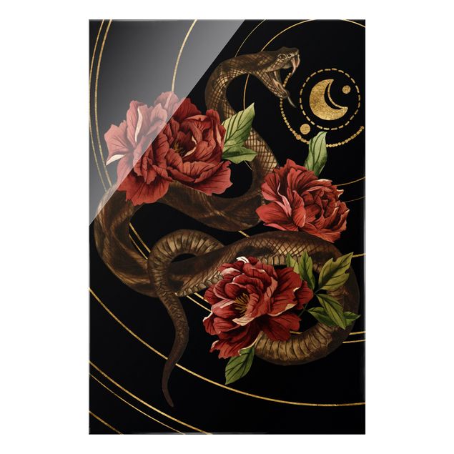 Obrazy nowoczesny Wąż z różami czarno-złoty II