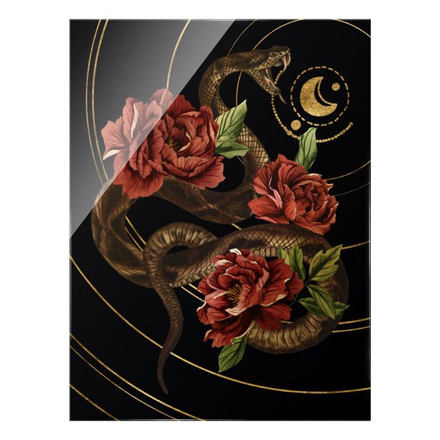 Obraz na szkle - Wąż z różami czarno-złoty II