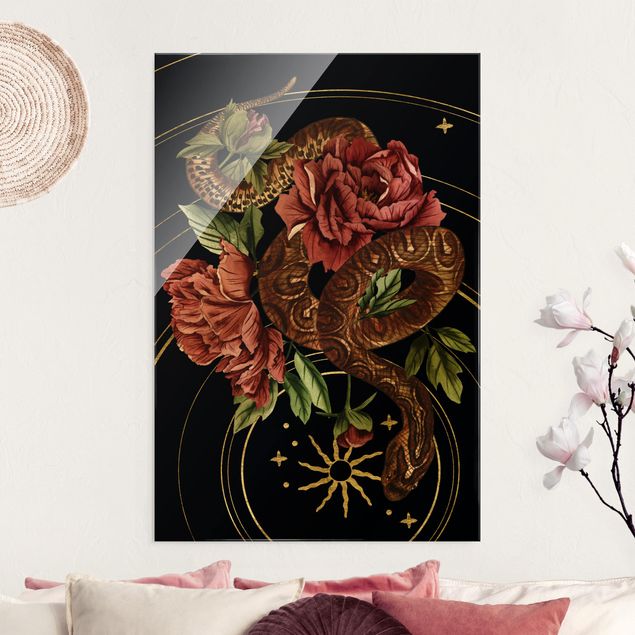 Obrazy na szkle róże Wąż z różami czarno-złoty III