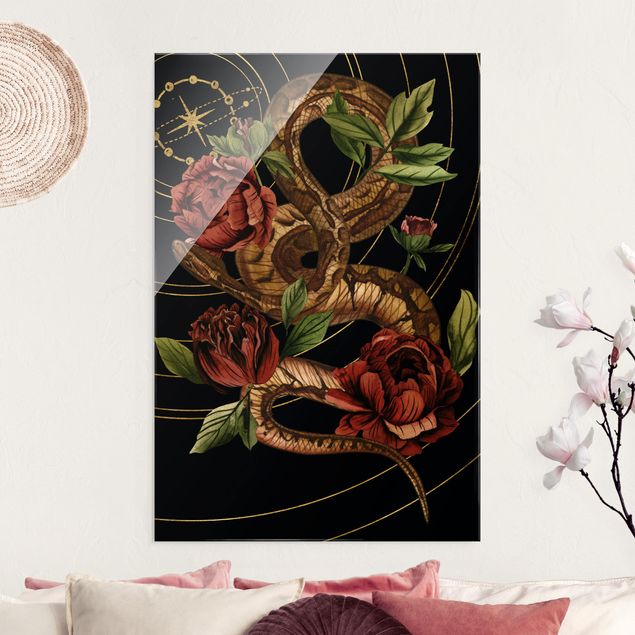 Obrazy na szkle róże Wąż z różami Czarno-złoty IV