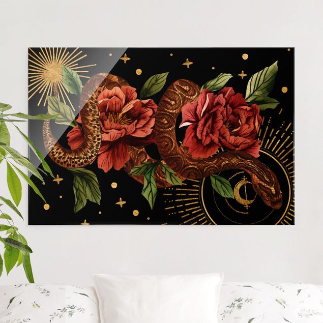 Obraz na szkle - Węże z różami na tle czerni i złota II
