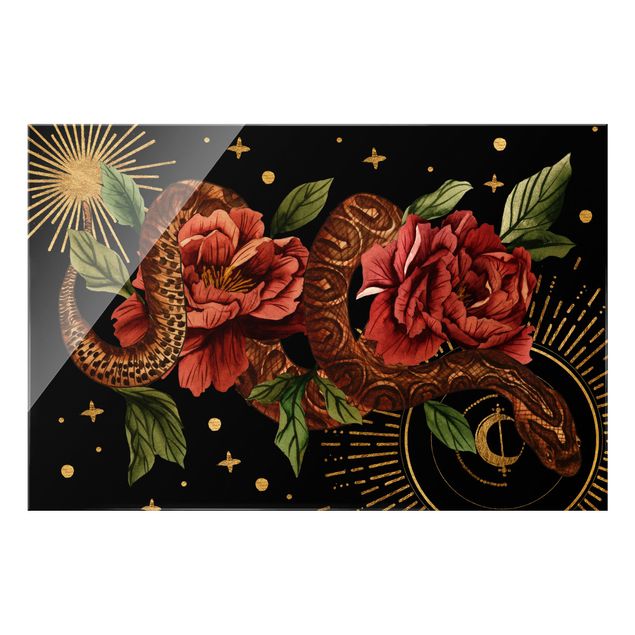 Obraz na szkle - Węże z różami na tle czerni i złota II