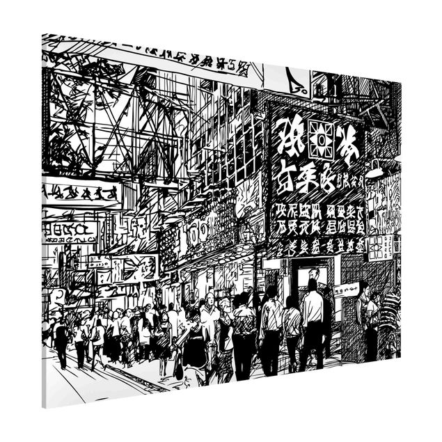 Nowoczesne obrazy do salonu Black And White Drawing Asian Street II