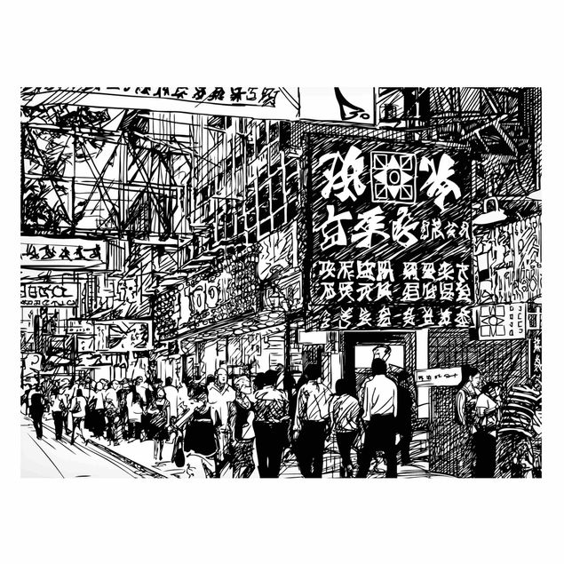 Obrazy nowoczesny Black And White Drawing Asian Street II