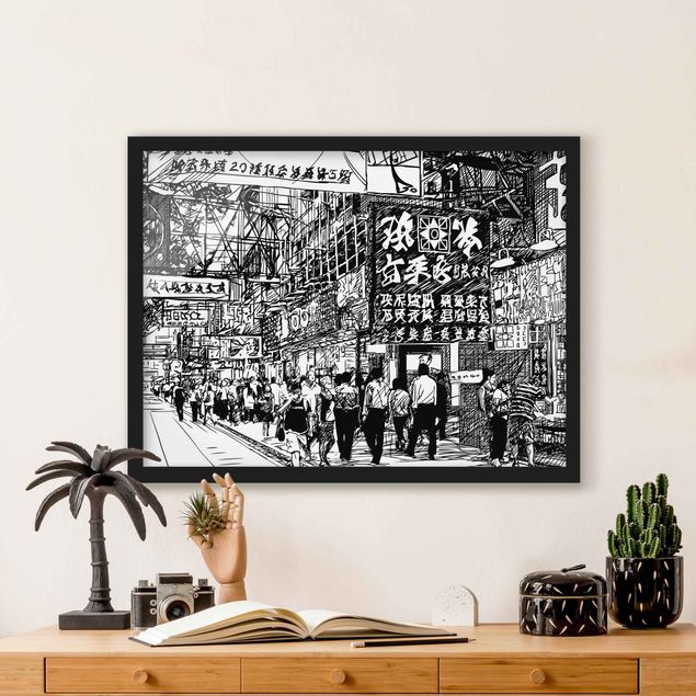 Obrazy w ramie powiedzenia Black And White Drawing Asian Street II