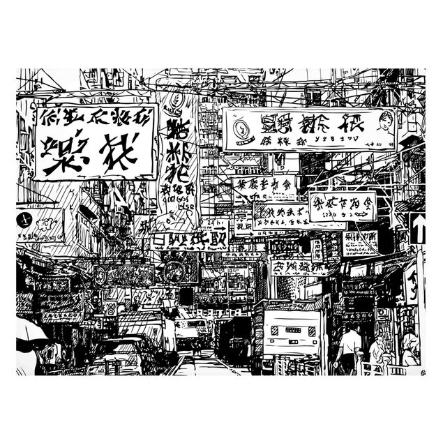 Obrazy nowoczesny Black And White Drawing Asian Street