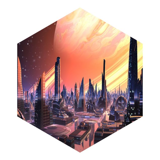 Fototapeta samoprzylepna heksagon - Sci-Fi Large City With Planet