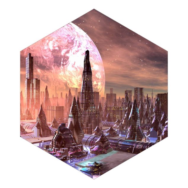 Fototapeta samoprzylepna heksagon - Sci-Fi City With Planets