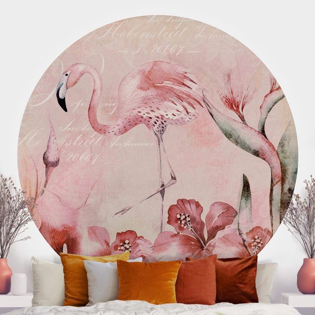 Okrągła tapeta samoprzylepna - Shabby Chic Kolaż - Flamingo