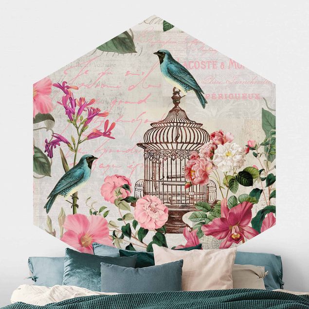 Sześciokątna tapeta samoprzylepna - Kolaż w stylu shabby chic - różowe kwiaty i niebieskie ptaki