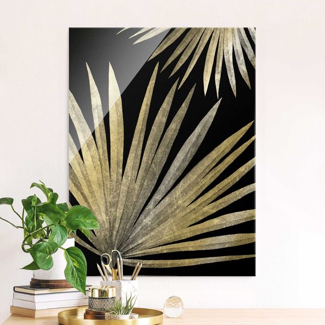 Obraz na szkle - Srebrny - liść palmy na czarnym tle