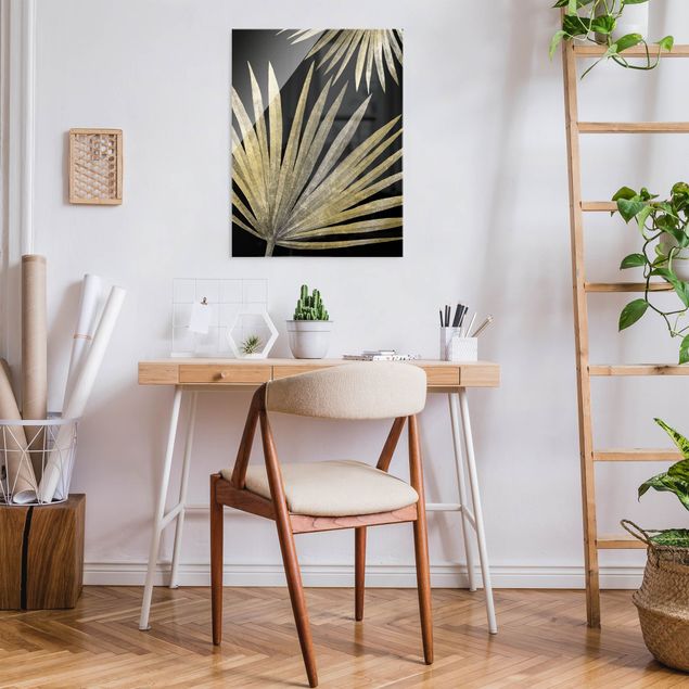 Obraz na szkle - Srebrny - liść palmy na czarnym tle