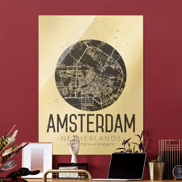 Obrazy na szkle portret Mapa miasta Amsterdam - Retro