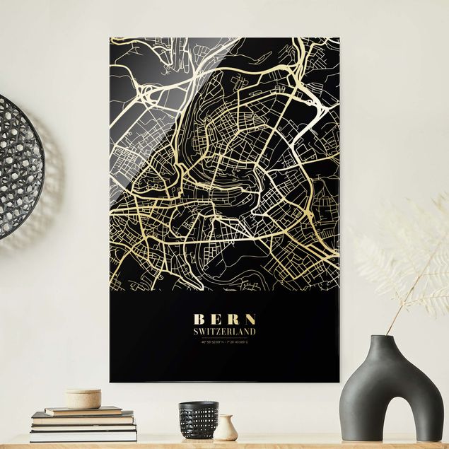 Obrazy na szkle portret Mapa miasta Berno - Klasyczna czerń