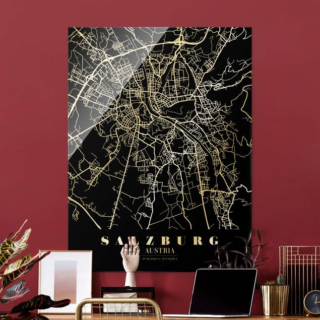 Obrazy na szkle portret Mapa miasta Salzburg - Klasyczna czerń
