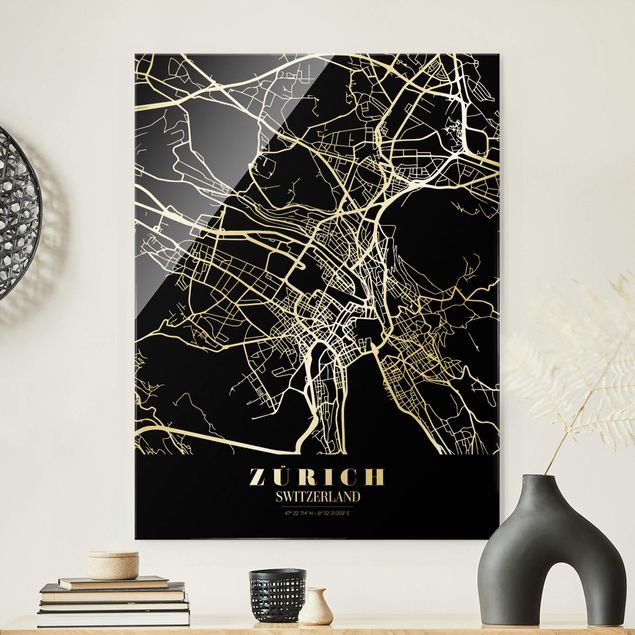 Obraz na szkle - Mapa miasta Zurych - Klasyczna czerń
