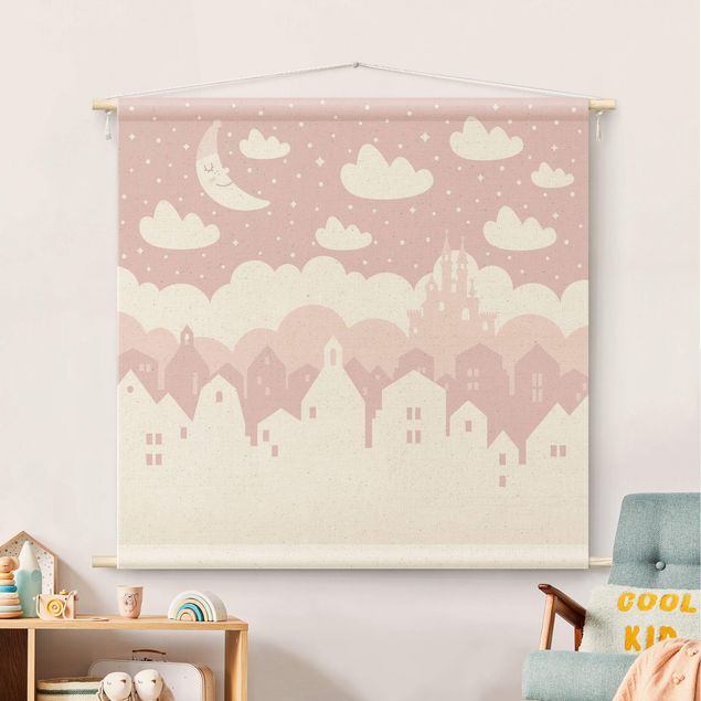 Obrazy nowoczesne Starry Sky With Houses And Moon In Light Pink
