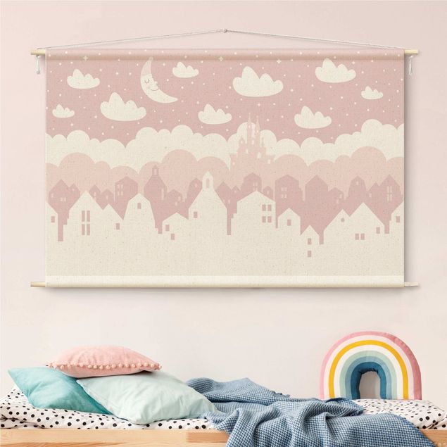 Obrazy nowoczesne Starry Sky With Houses And Moon In Light Pink