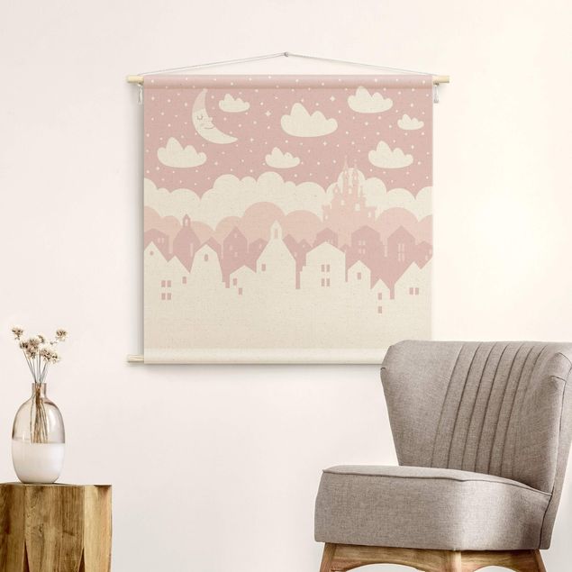 gobelin xxl Starry Sky With Houses And Moon In Light Pink
